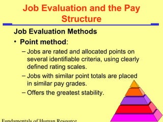 Job Evaluation and the Pay
Structure
Job Evaluation Methods
• Point method:
– Jobs are rated and allocated points on
several identifiable criteria, using clearly
defined rating scales.
– Jobs with similar point totals are placed
in similar pay grades.
– Offers the greatest stability.
 