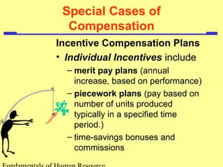 Special Cases of
Compensation
Incentive Compensation Plans
• Individual Incentives include
– merit pay plans (annual
increase, based on performance)
– piecework plans (pay based on
number of units produced
typically in a specified time
period.)
– time-savings bonuses and
commissions
 