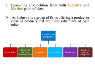 2. Examining Competition from both and
point of view.
 An Industry is a group of firms offering a product or
class of products that are close substitutes of each
other.
Classification
of Industries
No. of Sellers
Degree of
Product
Differentiation
Entry & Exit Cost Structure Globalization
Degree of
Vertical
Integration
 
