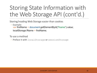 Storing State Information with
the Web Storage API (cont'd.)
Storing/reading Web Storage easier than cookies
◦ Example:
var firstName = document.getElementById("fname").value;
localStorage.fName = firstName;
To use a method
◦ Preface it with localStorage or sessionStorage
JAVASCRIPT, SIXTH EDITION 35
 