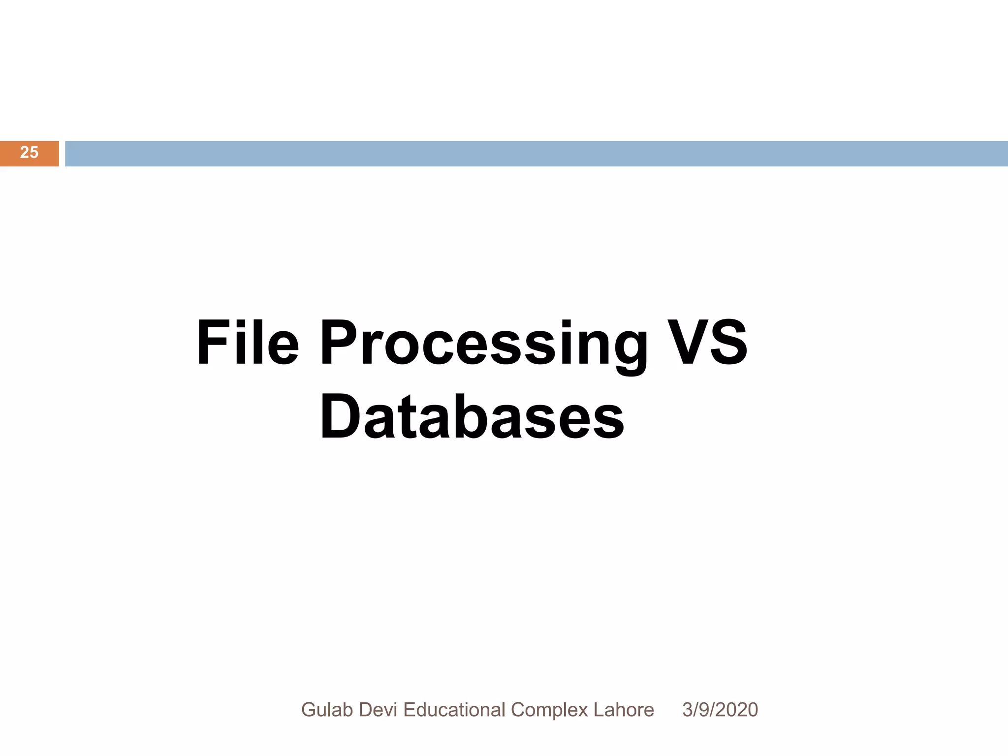 File Processing VS
Databases
3/9/2020Gulab Devi Educational Complex Lahore
25
 