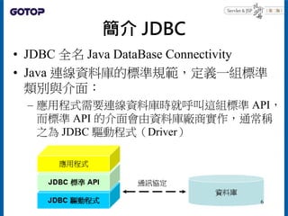 簡介 JDBC
• JDBC 全名 Java DataBase Connectivity
• Java 連線資料庫的標準規範，定義一組標準
類別與介面：
– 應用程式需要連線資料庫時就呼叫這組標準 API，
而標準 API 的介面會由資料庫廠商...