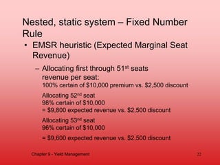 • EMSR heuristic (Expected Marginal Seat
Revenue)
– Allocating first through 51st seats
revenue per seat:
100% certain of $10,000 premium vs. $2,500 discount
Allocating 52nd seat
98% certain of $10,000
= $9,800 expected revenue vs. $2,500 discount
Allocating 53nd seat
96% certain of $10,000
= $9,600 expected revenue vs. $2,500 discount
22
Chapter 9 - Yield Management
Nested, static system – Fixed Number
Rule
 
