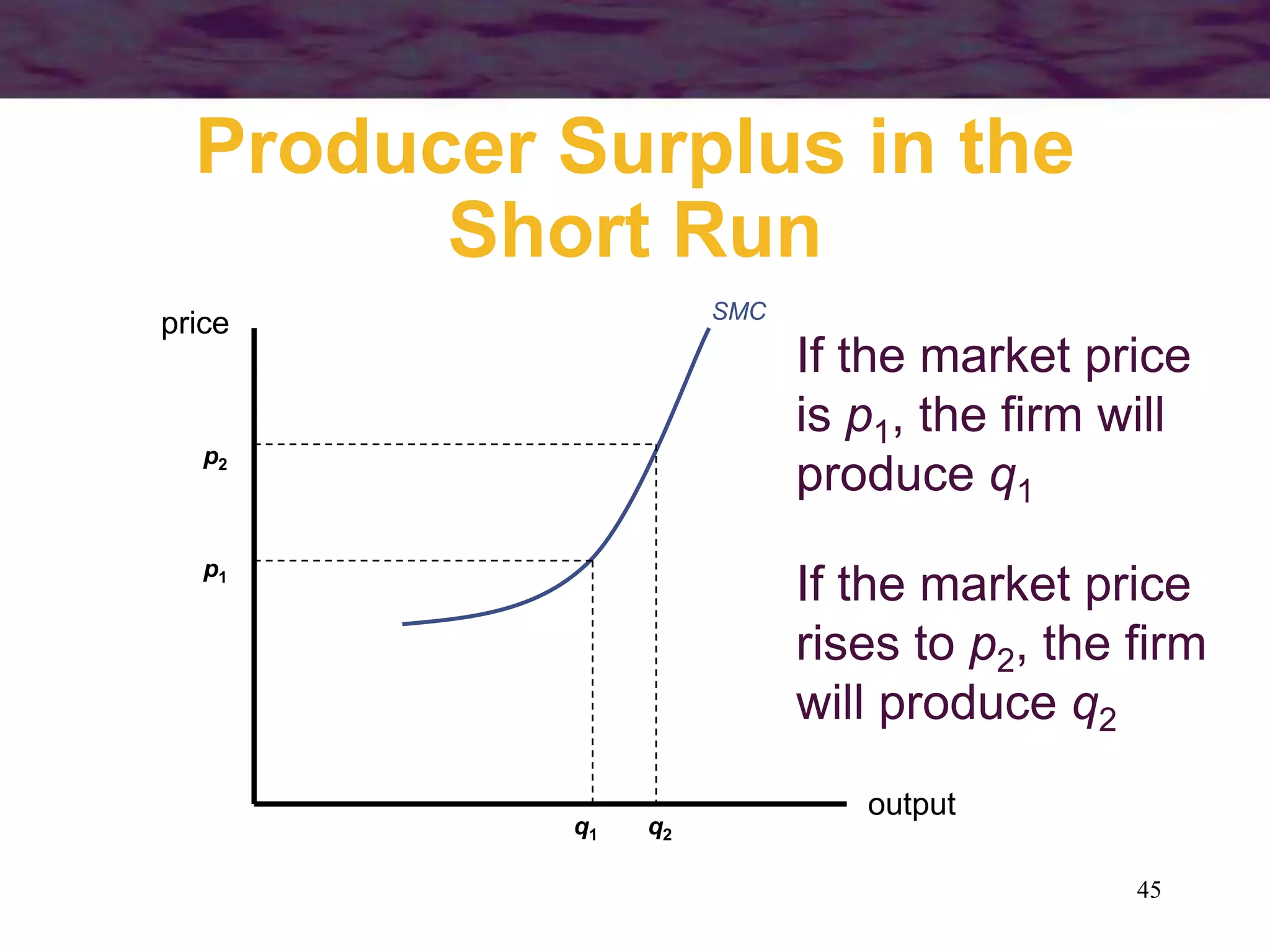 45
Producer Surplus in the
Short Run
output
price SMC
p1
q1
If the market price
is p1, the firm will
produce q1
If the market price
rises to p2, the firm
will produce q2
p2
q2
 
