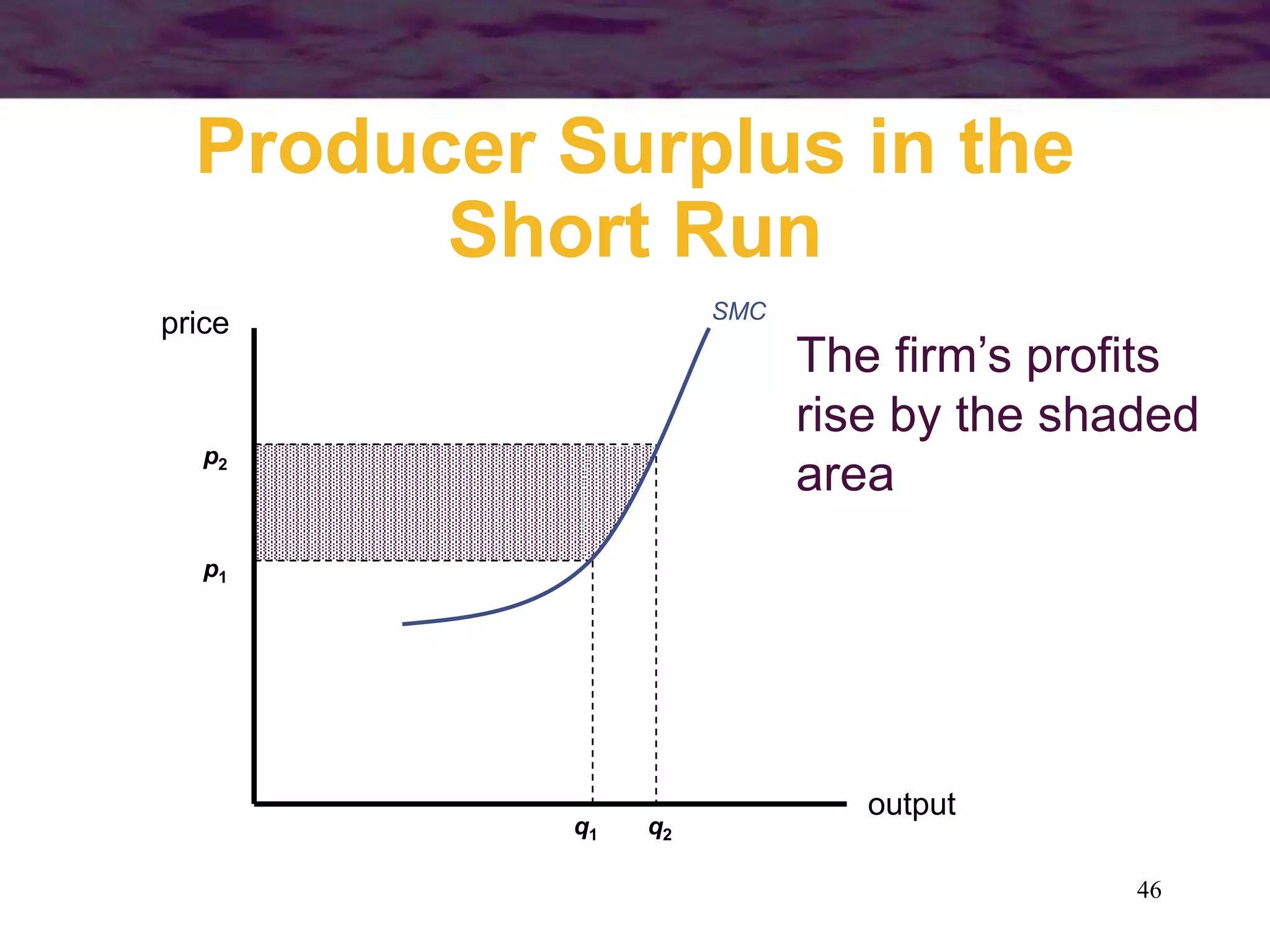 46
The firm’s profits
rise by the shaded
area
Producer Surplus in the
Short Run
output
price SMC
p1
q1
p2
q2
 