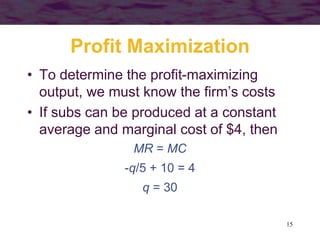 15
Profit Maximization
• To determine the profit-maximizing
output, we must know the firm’s costs
• If subs can be produced at a constant
average and marginal cost of $4, then
MR = MC
-q/5 + 10 = 4
q = 30
 