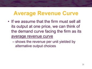 21
Average Revenue Curve
• If we assume that the firm must sell all
its output at one price, we can think of
the demand curve facing the firm as its
average revenue curve
– shows the revenue per unit yielded by
alternative output choices
 