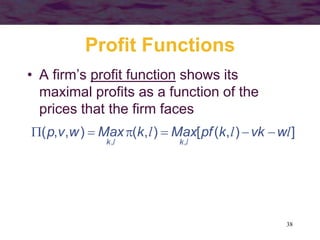38
Profit Functions
• A firm’s profit function shows its
maximal profits as a function of the
prices that the firm faces
]
)
,
(
[
)
,
(
)
,
,
(
,
,
l
l
l
l
l
w
vk
k
pf
Max
k
Max
w
v
p
k
k






 