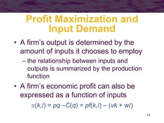 54
Profit Maximization and
Input Demand
• A firm’s output is determined by the
amount of inputs it chooses to employ
– the relationship between inputs and
outputs is summarized by the production
function
• A firm’s economic profit can also be
expressed as a function of inputs
(k,l) = pq –C(q) = pf(k,l) – (vk + wl)
 