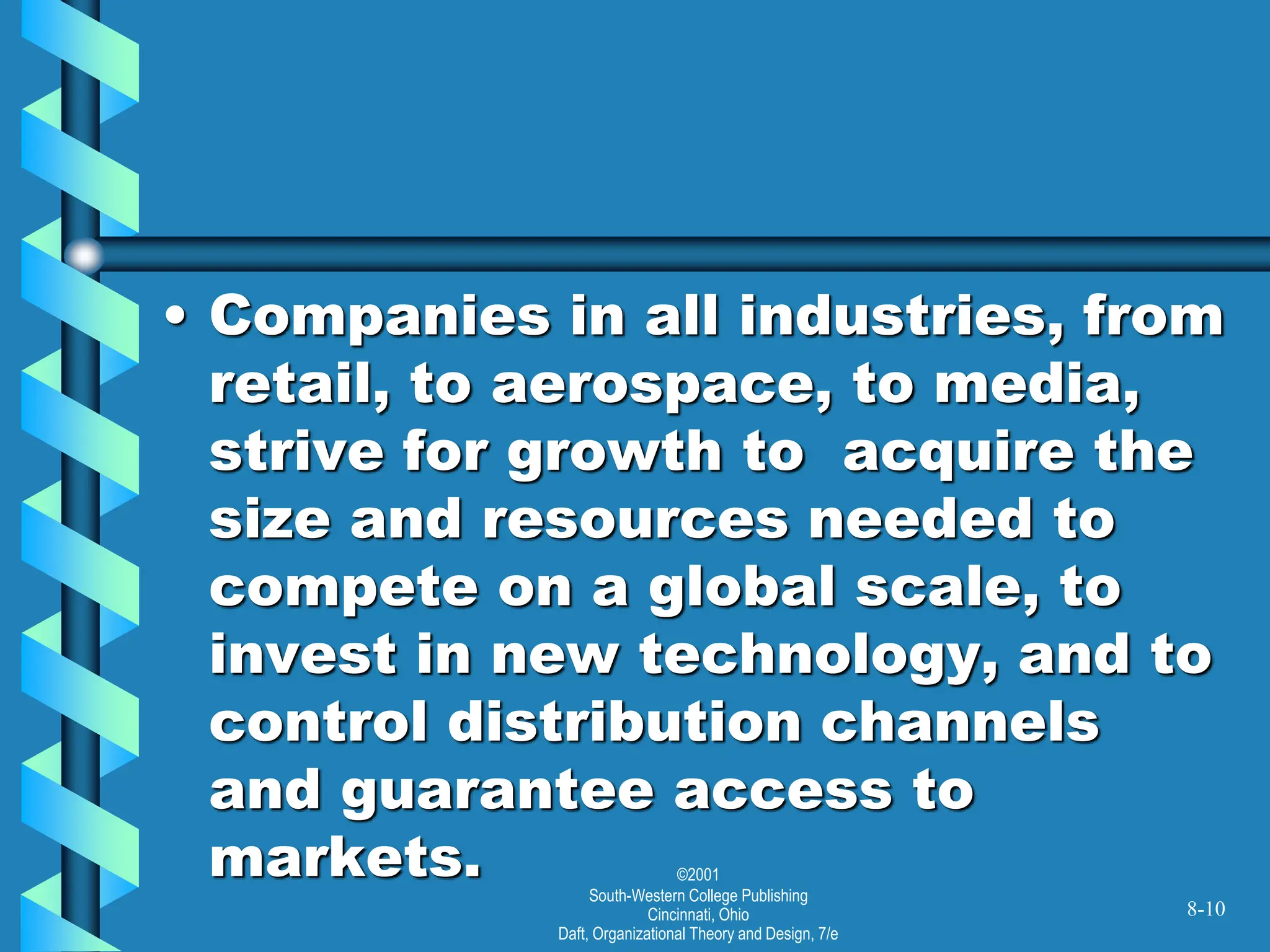 ©2001
South-Western College Publishing
Cincinnati, Ohio
Daft, Organizational Theory and Design, 7/e
• Companies in all industries, from
retail, to aerospace, to media,
strive for growth to acquire the
size and resources needed to
compete on a global scale, to
invest in new technology, and to
control distribution channels
and guarantee access to
markets.
8-10
 