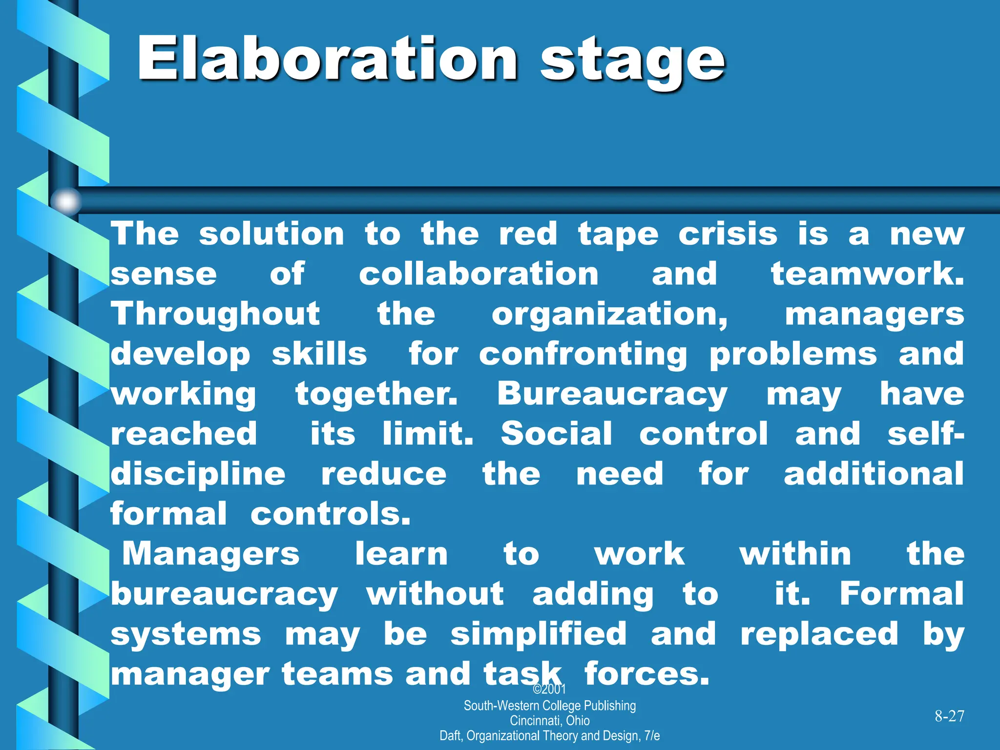 ©2001
South-Western College Publishing
Cincinnati, Ohio
Daft, Organizational Theory and Design, 7/e
Elaboration stage
8-27
The solution to the red tape crisis is a new
sense of collaboration and teamwork.
Throughout the organization, managers
develop skills for confronting problems and
working together. Bureaucracy may have
reached its limit. Social control and self-
discipline reduce the need for additional
formal controls.
Managers learn to work within the
bureaucracy without adding to it. Formal
systems may be simplified and replaced by
manager teams and task forces.
 