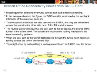 Chapter 9
44
© 2007 – 2010, Cisco Systems, Inc. All rights reserved. Cisco Public
 Misconfiguration of routing over GRE tunnels can lead to recursive routing.
 In the example shown in the figure, the GRE tunnel is terminated at the loopback
interfaces of the routers at each end.
 Those loopback interfaces are also injected into EIGRP, and they are advertised
across the tunnel to the other side, from R3 to R1 and vice versa.
 The routing tables will show that the best path to the loopbacks, the source of the
tunnel, is the tunnel itself. This causes the inconsistent routing that leads to the
recursive routing problem.
 When the best path to the tunnel destination is through the tunnel itself, recursive
routing causes the tunnel interface to flap.
 This might occur by just enabling a routing protocol such as EIGRP over the tunnel.
Branch Office Connectivity Issues with GRE – Cont.
 