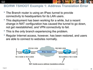 Chapter 9
48
© 2007 – 2010, Cisco Systems, Inc. All rights reserved. Cisco Public
 The Branch router is using an IPsec tunnel to provide
connectivity to headquarters for its LAN users.
 This deployment has been working for a while, but a recent
change in NAT configuration has caused the tunnel to go down,
not get reestablished, and VPN connectivity to fail.
 This is the only branch experiencing the problem.
 Regular Internet access, however, has been restored, and users
are able to connect to websites normally.
BO/RW TSHOOT Example 1: Address Translation Error
 
