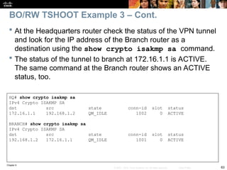 Chapter 9
63
© 2007 – 2010, Cisco Systems, Inc. All rights reserved. Cisco Public
HQ# show crypto isakmp sa
IPv4 Crypto ISAKMP SA
dst src state conn-id slot status
172.16.1.1 192.168.1.2 QM_IDLE 1002 0 ACTIVE
BRANCH# show crypto isakmp sa
IPv4 Crypto ISAKMP SA
dst src state conn-id slot status
192.168.1.2 172.16.1.1 QM_IDLE 1001 0 ACTIVE
 At the Headquarters router check the status of the VPN tunnel
and look for the IP address of the Branch router as a
destination using the show crypto isakmp sa command.
 The status of the tunnel to branch at 172.16.1.1 is ACTIVE.
The same command at the Branch router shows an ACTIVE
status, too.
BO/RW TSHOOT Example 3 – Cont.
 