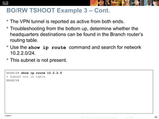 Chapter 9
64
© 2007 – 2010, Cisco Systems, Inc. All rights reserved. Cisco Public
BRANCH# show ip route 10.2.2.0
% Subnet not in table
BRANCH#
 The VPN tunnel is reported as active from both ends.
 Troubleshooting from the bottom up, determine whether the
headquarters destinations can be found in the Branch router’s
routing table.
 Use the show ip route command and search for network
10.2.2.0/24.
 This subnet is not present.
BO/RW TSHOOT Example 3 – Cont.
 