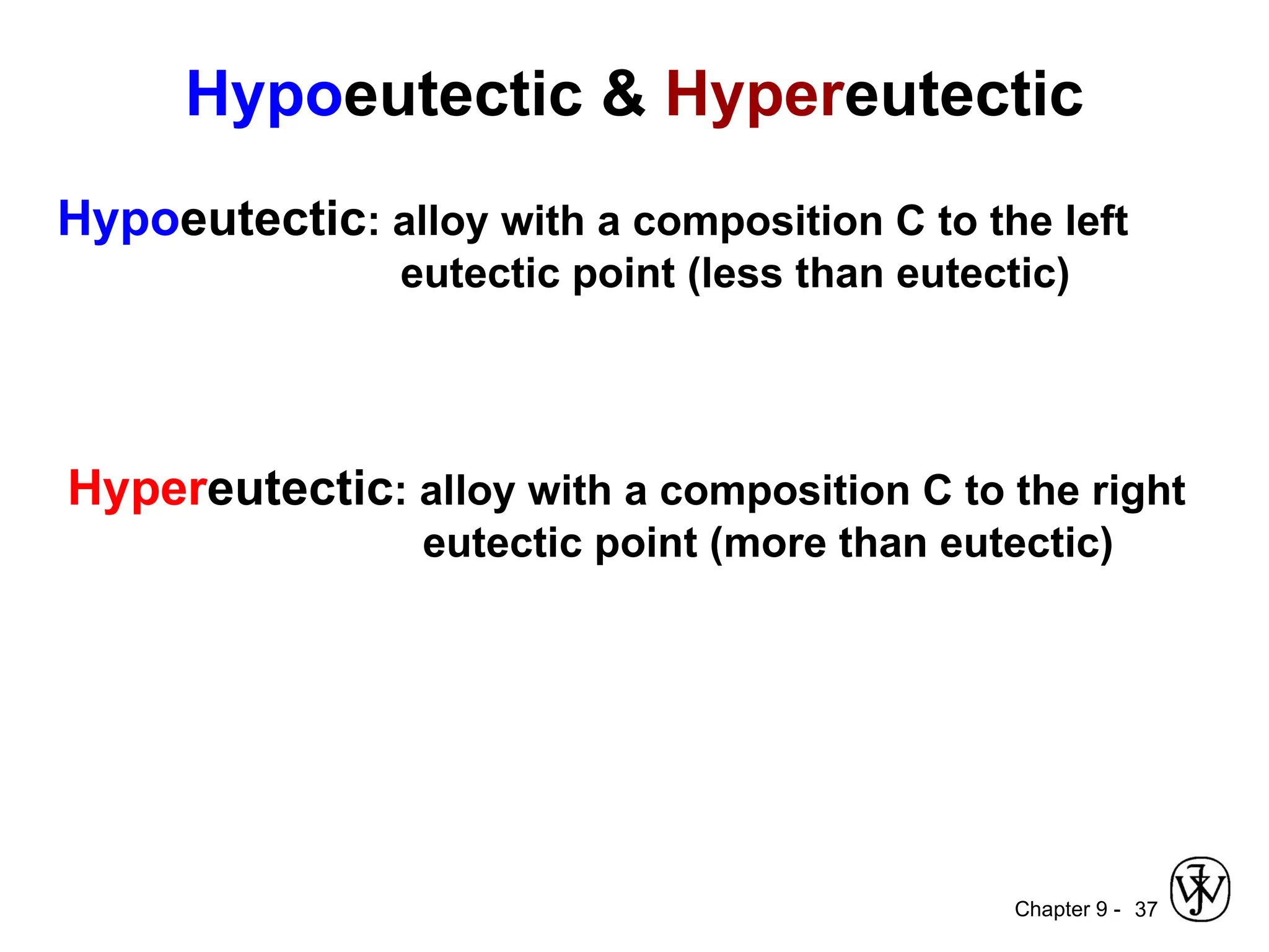 Chapter 9 -
Hypoeutectic & Hypereutectic
37
Hypoeutectic: alloy with a composition C to the left
eutectic point (less than eutectic)
Hypereutectic: alloy with a composition C to the right
eutectic point (more than eutectic)
 