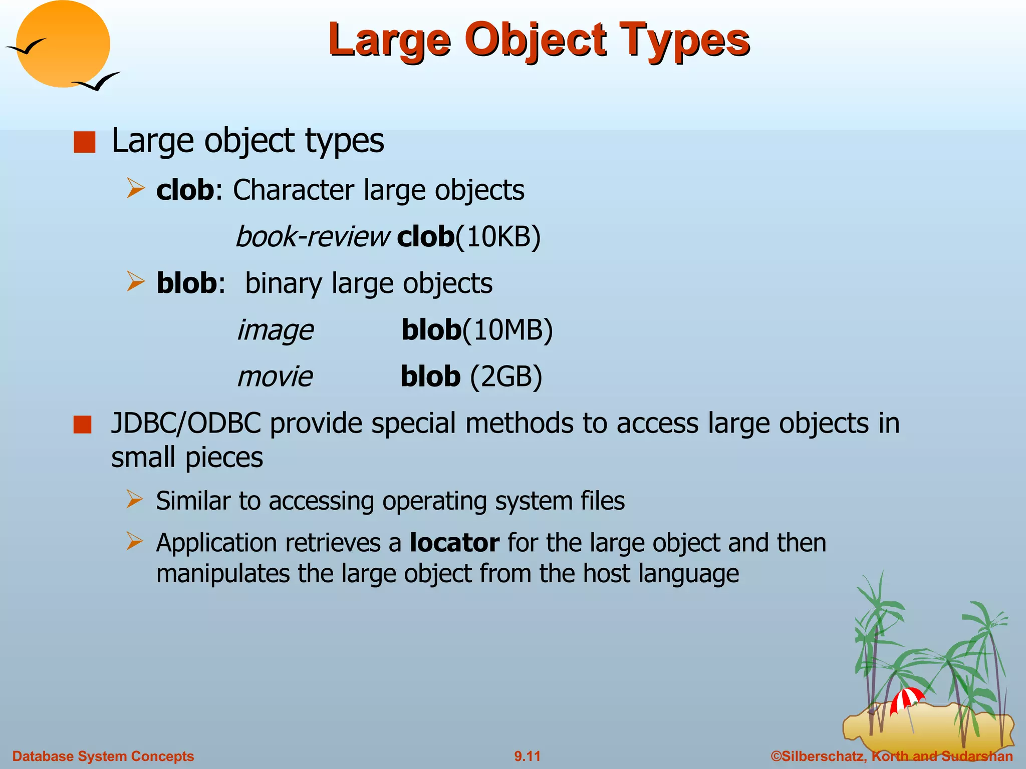 Large Object Types Large object types clob : Character large objects  book-review   clob (10KB) blob :  binary large objects   image   blob (10MB)   movie  blob  (2GB) JDBC/ODBC provide special methods to access large objects in small pieces Similar to accessing operating system files  Application retrieves a  locator  for the large object and then manipulates the large object from the host language 