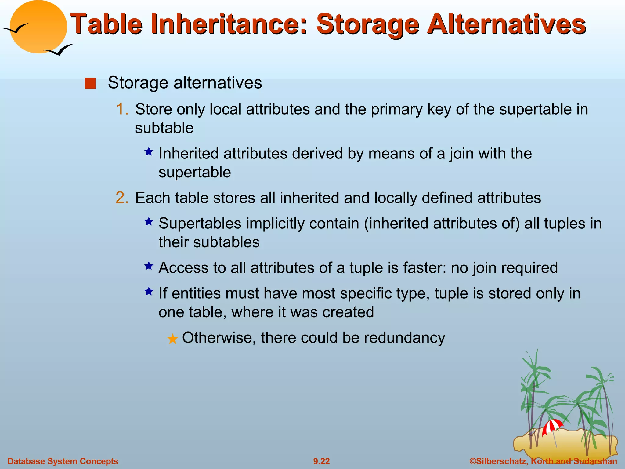 Table Inheritance: Storage Alternatives Storage alternatives Store only local attributes and the primary key of the supertable in subtable Inherited attributes derived by means of a join with the supertable Each table stores all inherited and locally defined attributes Supertables implicitly contain (inherited attributes of) all tuples in their subtables Access to all attributes of a tuple is faster: no join required If entities must have most specific type, tuple is stored only in one table, where it was created Otherwise, there could be redundancy 