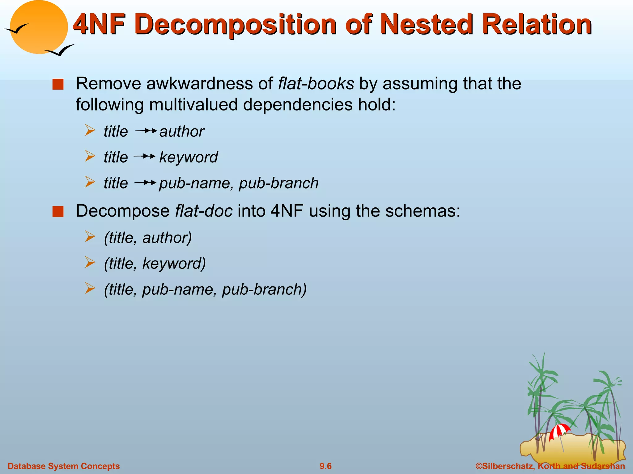 4NF Decomposition of Nested Relation Remove awkwardness of  flat-books  by assuming that the following multivalued dependencies hold: title  author title  keyword title  pub-name, pub-branch Decompose  flat-doc  into 4NF using the schemas: (title, author) (title, keyword) (title, pub-name, pub-branch) 
