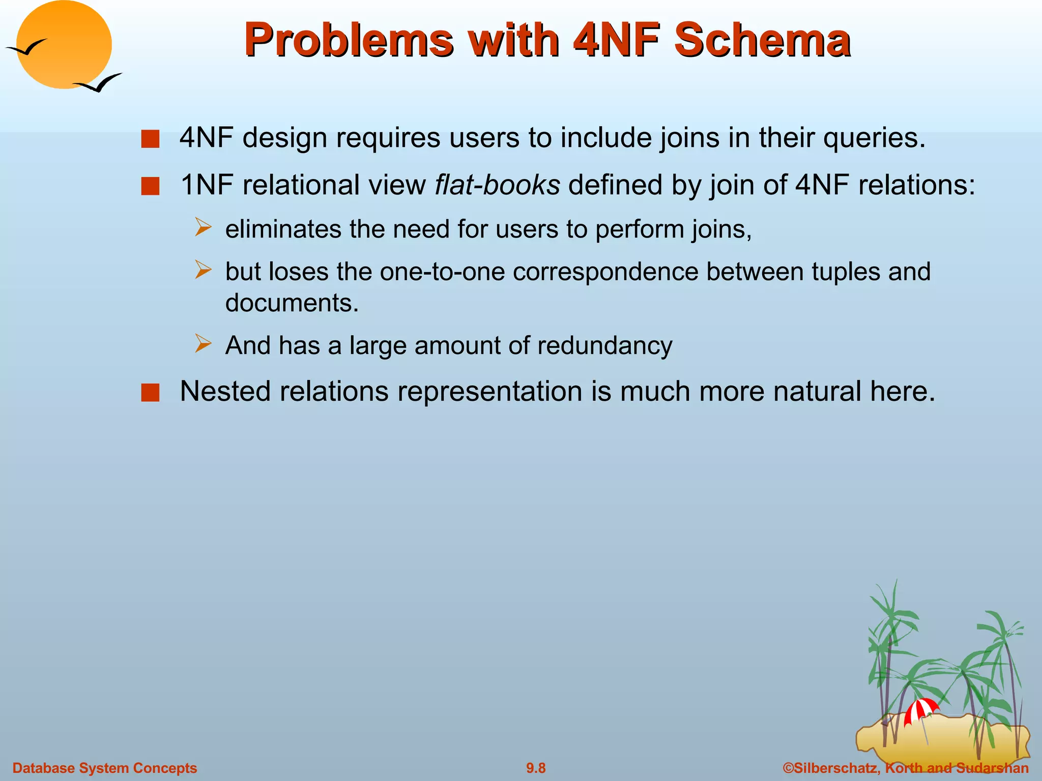 Problems with 4NF Schema 4NF design requires users to include joins in their queries. 1NF relational view  flat-books  defined by join of 4NF relations: eliminates the need for users to perform joins, but loses the one-to-one correspondence between tuples and documents. And has a large amount of redundancy Nested relations representation is much more natural here. 