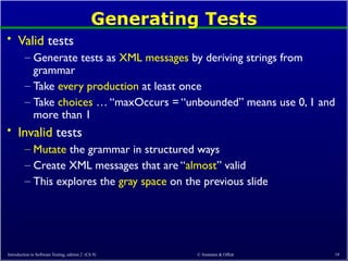Generating Tests
• Valid tests
– Generate tests as XML messages by deriving strings from
grammar
– Take every production at least once
– Take choices … “maxOccurs = “unbounded” means use 0, 1 and
more than 1
• Invalid tests
– Mutate the grammar in structured ways
– Create XML messages that are “almost” valid
– This explores the gray space on the previous slide
Introduction to Software Testing, edition 2 (Ch 9) © Ammann & Offutt 19
 