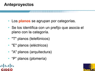 Copyright 2004
Anteproyectos
• Los planos se agrupan por categorías.
• Se los identifica con un prefijo que asocia el
plano con la categoría.
• "T" planos (telefónicos)
• "E" planos (eléctricos)
• "A" planos (arquitectura)
• “P” planos (plomería)
 