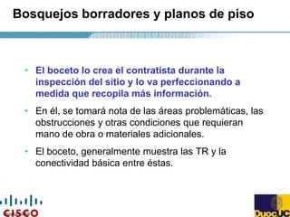 Copyright 2004
Bosquejos borradores y planos de piso
• El boceto lo crea el contratista durante la
inspección del sitio y lo va perfeccionando a
medida que recopila más información.
• En él, se tomará nota de las áreas problemáticas, las
obstrucciones y otras condiciones que requieran
mano de obra o materiales adicionales.
• El boceto, generalmente muestra las TR y la
conectividad básica entre éstas.
 