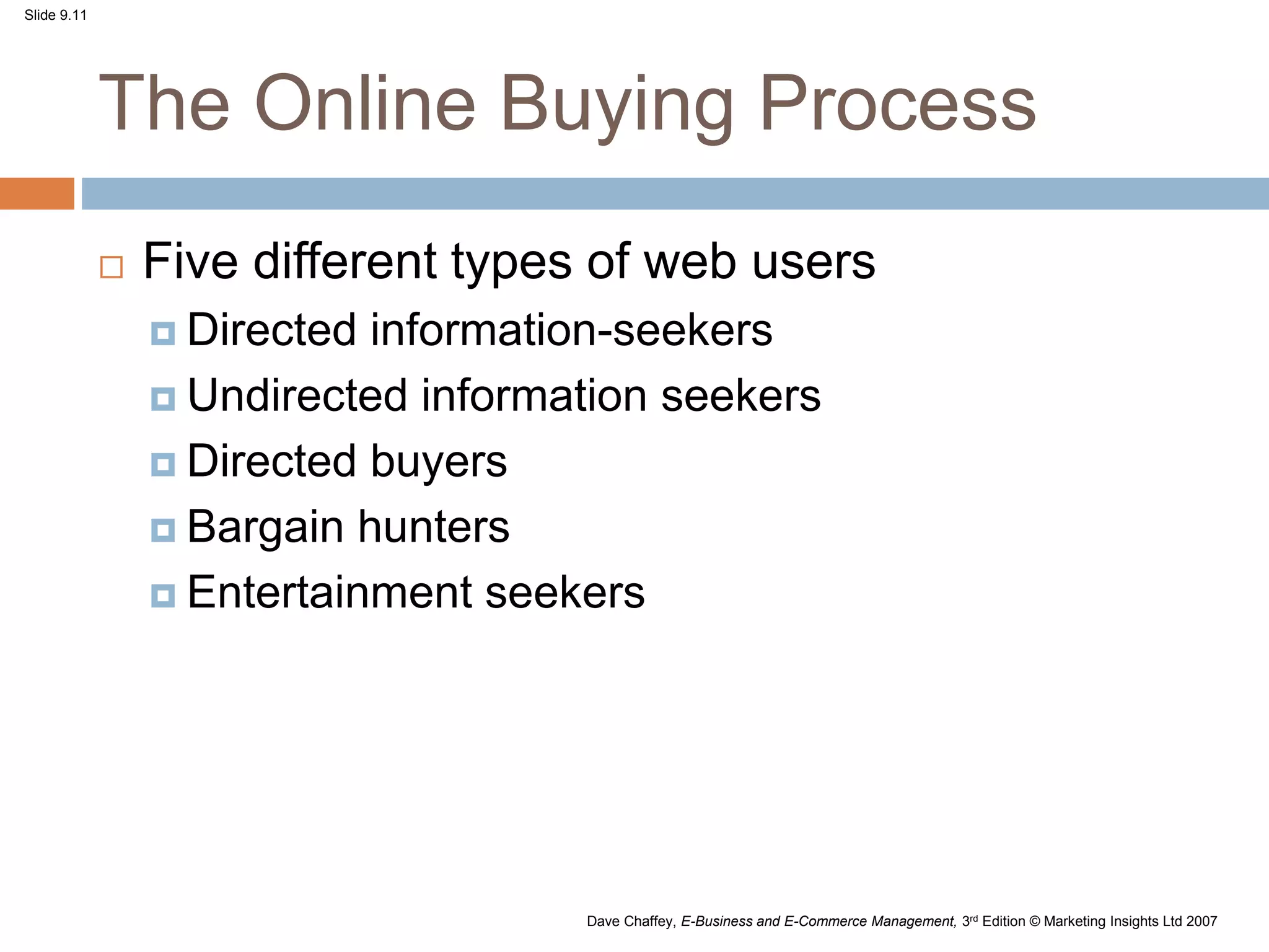 Slide 9.11
Dave Chaffey, E-Business and E-Commerce Management, 3rd Edition © Marketing Insights Ltd 2007
The Online Buying Process
 Five different types of web users
 Directed information-seekers
 Undirected information seekers
 Directed buyers
 Bargain hunters
 Entertainment seekers
 