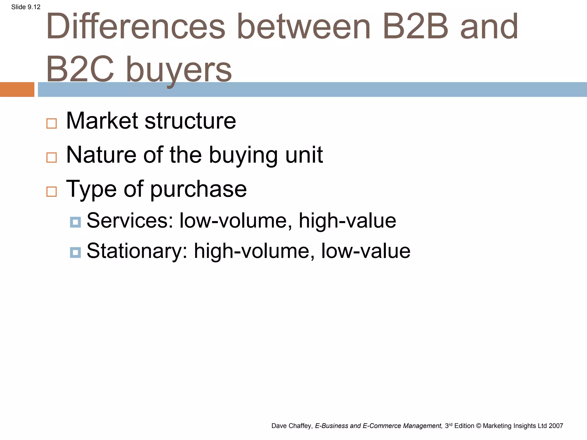 Slide 9.12
Dave Chaffey, E-Business and E-Commerce Management, 3rd Edition © Marketing Insights Ltd 2007
Differences between B2B and
B2C buyers
 Market structure
 Nature of the buying unit
 Type of purchase
 Services: low-volume, high-value
 Stationary: high-volume, low-value
 
