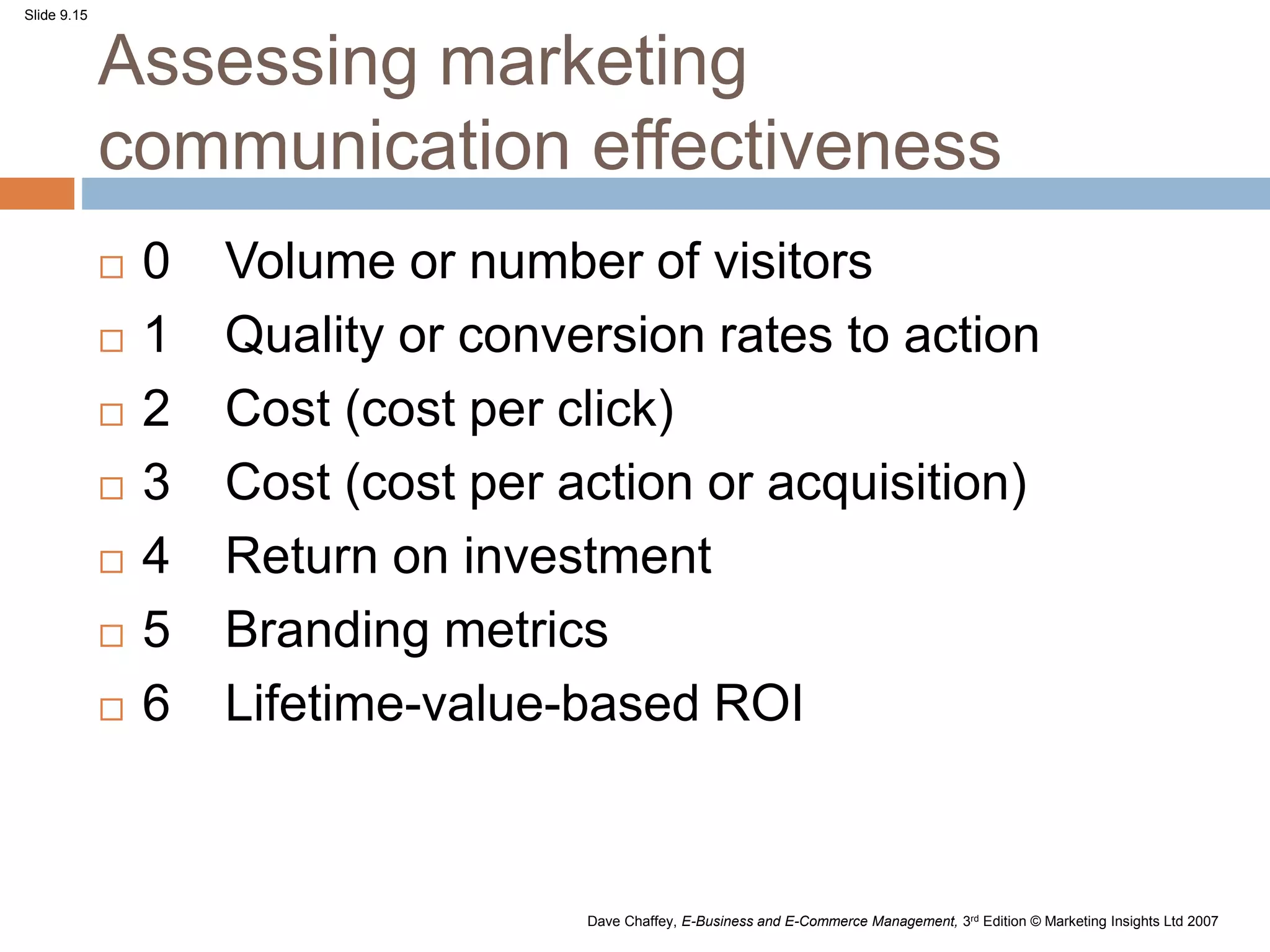 Slide 9.15
Dave Chaffey, E-Business and E-Commerce Management, 3rd Edition © Marketing Insights Ltd 2007
Assessing marketing
communication effectiveness
 0 Volume or number of visitors
 1 Quality or conversion rates to action
 2 Cost (cost per click)
 3 Cost (cost per action or acquisition)
 4 Return on investment
 5 Branding metrics
 6 Lifetime-value-based ROI
 