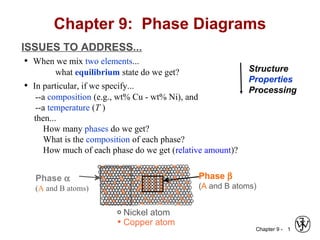 Chapter 9 - 1
ISSUES TO ADDRESS...
• When we mix two elements...
what equilibrium state do we get?
• In particular, if we specify...
--a composition (e.g., wt% Cu - wt% Ni), and
--a temperature (T )
then...
How many phases do we get?
What is the composition of each phase?
How much of each phase do we get (relative amount)?
Chapter 9: Phase Diagrams
Phase β
(A and B atoms)
Phase α
(A and B atoms)
Nickel atom
Copper atom
Structure
Properties
Processing
 