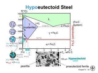 Chapter 9 - 43
Hypoeutectoid Steel
Fe3C(cementite)
1600
1400
1200
1000
800
600
400
0 1 2 3 4 5 6 6.7
L
γ
(austenite)
γ+L
γ + Fe3C
α+ Fe3C
L+Fe3C
δ
(Fe) Co, wt% C
1148°C
T(°C)
α
727°C
(Fe-C
System)
C0
0.76
proeutectoid ferritepearlite
100 µm HypoeutectoidHypoeutectoid
steel
R S
α
wα =S/(R+S)
wFe3C =(1-wα)
wpearlite = wγ
pearlite
r s
wα =s/(r+s)
wγ =(1- wα)
γ
γ γ
γα
α
α
γγ
γ γ
γ γ
γγ
 