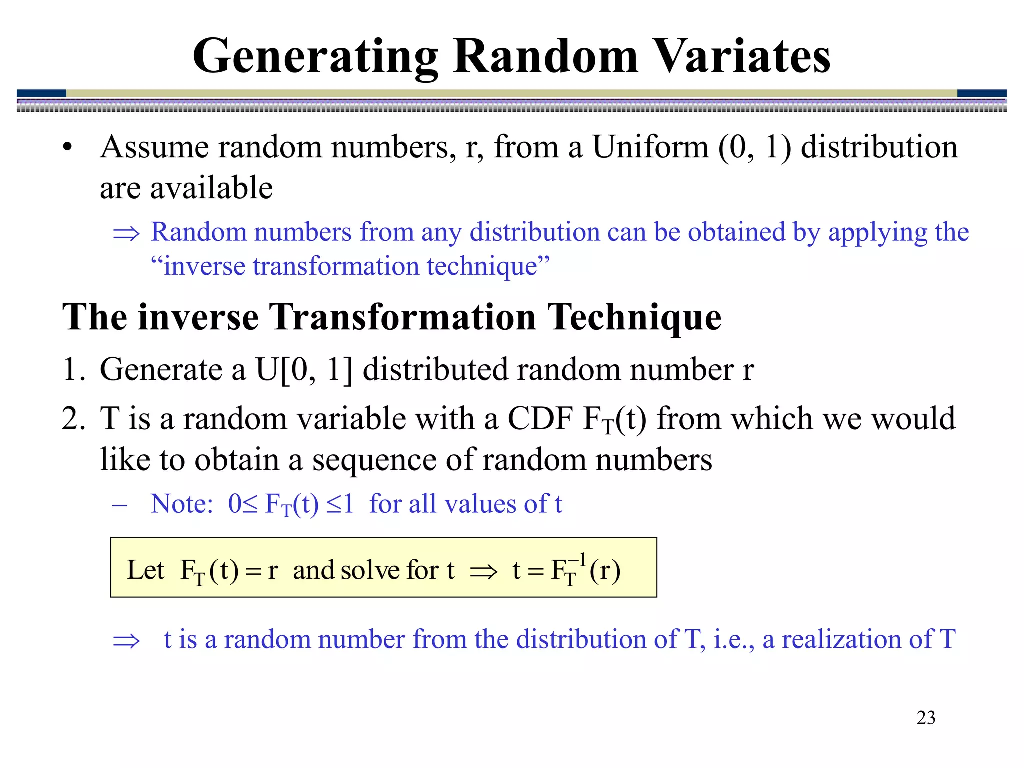 23
• Assume random numbers, r, from a Uniform (0, 1) distribution
are available
 Random numbers from any distribution can be obtained by applying the
“inverse transformation technique”
The inverse Transformation Technique
1. Generate a U[0, 1] distributed random number r
2. T is a random variable with a CDF FT(t) from which we would
like to obtain a sequence of random numbers
– Note: 0 FT(t) 1 for all values of t
Generating Random Variates
)
r
(
F
t
t
for
solve
and
r
)
t
(
F
Let 1
T
T




 t is a random number from the distribution of T, i.e., a realization of T
 