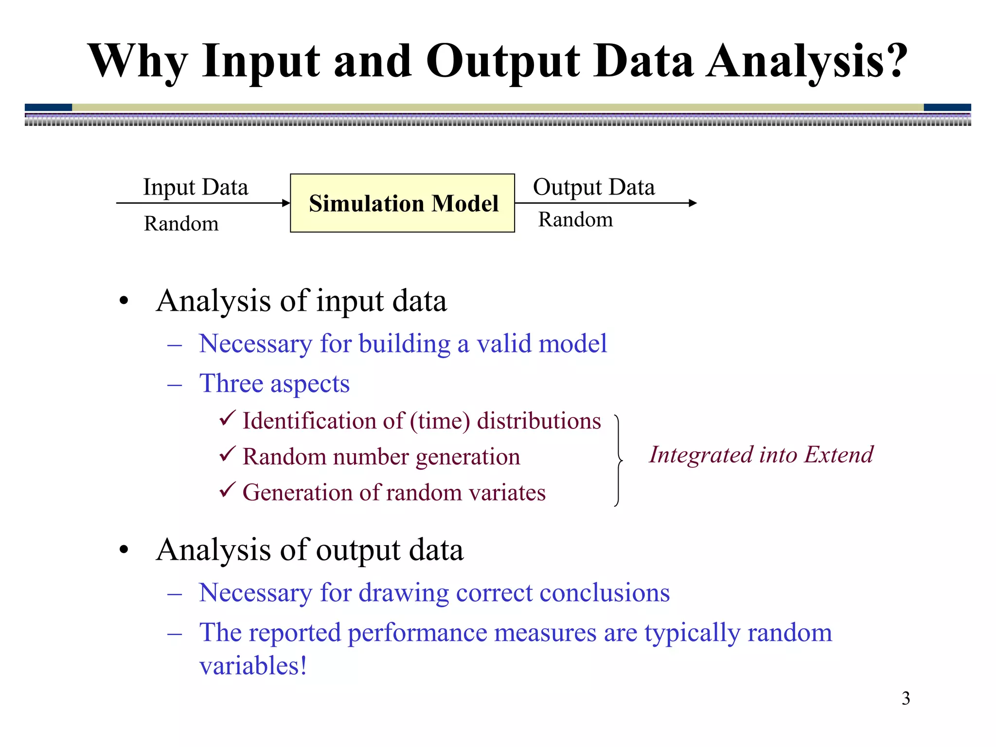 3
• Analysis of input data
– Necessary for building a valid model
– Three aspects
 Identification of (time) distributions
 Random number generation
 Generation of random variates
Why Input and Output Data Analysis?
• Analysis of output data
– Necessary for drawing correct conclusions
– The reported performance measures are typically random
variables!
Integrated into Extend
Simulation Model
Output Data
Input Data
Random Random
 