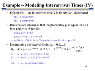 14
• Hypothesis – the interarrival time Y is Exp(0.084) distributed
H0: YExp(0.084)
HA: YExp(0.084)
• Bin sizes are chosen so that the probability pi is equal for all r
bins and n*pi>5 for all i
– Equal pi  pi=1/r
– n*pi>5  n/r > 5  r<n/5
– n=50  r<50/5=10  Choose for example r=8  pi=1/8
• Determining the interval limits ai, i=0,1,…8
Example – Modeling Interarrival Times (IV)
i
a
*
084
.
0
i
0 e
1
)
a
(
F
H 



084
.
0
)
p
*
i
1
ln(
a
e
1
p
*
i i
i
a
*
084
.
0
i
i






 
i=1  a1=ln(1-(1/8))/(-0.084)=1.590
i=2  a2=ln(1-(2/8))/(-0.084)=3.425

i=8  a8 =ln(1-(8/8))/(-0.084)=
 