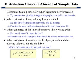 18
• Common situation especially when designing new processes
– Try to draw on expert knowledge from people involved in similar tasks
 When estimates of interval lengths are available
– Ex. The service time ranges between 5 and 20 minutes
Plausible to use a Uniform distribution with min=5 and max=20
 When estimates of the interval and most likely value exist
– Ex. min=5, max=20, most likely=12
Plausible to use a Triangular distribution with those parameter values
 When estimates of min=a, most likely=c, max=b and the
average value=x-bar are available
Use a -distribution with parameters  and 
Distribution Choice in Absence of Sample Data
)
a
b
)(
x
c
(
)
b
a
c
2
)(
a
x
(







 
)
a
x
(
x
b





 
