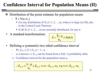 32
 For any distribution of Xi (i=1, 2, …n), when n is large (n30), due
to the Central Limit Theorem
 If all Xi (i=1, 2, …n) are normally distributed, for any n
• A standard transformation:
Confidence Interval for Population Means (II)
)
,
(
N
X x



)
1
,
0
(
N
X
Z
x





x
2
/
x
2
/
2
/
x
2
/ Z
x
Z
x
Z
x
Z 














 



• Defining a symmetric two sided confidence interval
– P(Z/2  Z  Z/2) = 1 
–  is known  Z/2 can be found from a N(0, 1) probability table
 Confidence interval for the population mean 
 Distribution of the point estimate for population means
–
 
