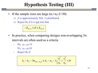 37
• If the sample sizes are large (n1+n2-2>30)
 Z is approximately N(0, 1) distributed
 Reject H0 if it is not true that
Hypothesis Testing (III)
2
/
2
/ Z
Z
Z 
 


0
n
s
n
s
3
x
x
3
x
x
2
2
1
2
2
1
)
x
x
(
2
1
2
1
2
1







 
• In practice, when comparing designs non-overlapping 3
intervals are often used as a criteria
– H0: 1- 2>0
HA: 1- 20
– Reject H0 if
 