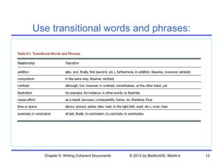 Use transitional words and phrases:




  Chapter 9. Writing Coherent Documents   © 2012 by Bedford/St. Martin's   12
 
