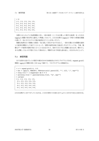 7.1 練習問題 第 9 回 大規模データを用いたデータフレーム操作実習 (3)
+ })
1-1, 1-2, 1-3, 1-4, 1-5,
2-1, 2-2, 2-3, 2-4, 2-5,
3-1, 3-2, 3-3, 3-4, 3-5,
4-1, 4-2, 4-3, 4-4, 4-5,
5-1, 5-2, 5-3, 5-4, 5-5,
実際には上のように処理関数に対し一部の処理（ここでは引数 i に関する処理）を 1 行目の
lapply() 関数で部分的に適用して準備しておいて，2 行目以降の lapply() で残りの情報を関数
に渡して一気に全てのクロス集計処理を行うことが多いだろう．
複雑な処理を行う関数に引数を一気に渡して実行するのではなく，一部の引数にのみ関数を適用
した結果を関数として返すことによって，実際の処理を後に先延ばしするテクニックは，今後，複
雑なデータ処理の現場で役に立つこともあるだろう．初めて目にすると複雑に思えるが，慣れてし
まえば難しくないので覚えておいて損はない．理解するまで何度も読み返し，自分のものにしよう．
7.1 練習問題
以下は別の方法で 5×5 の数字の組み合わせを画面表示させたプログラムである．expand.grid()
関数と apply() 関数の使い方を help で調べて，下のプログラムを解読せよ．
> x <- expand.grid(1:5, 1:5)
> mat <- apply(x, MARGIN=1, FUN=function(x) paste(x[2], "-", x[1], ",", sep=""))
> every.five <- 1:length(mat) %% 5 == 0
> mat[every.five] <- paste(mat[every.five], "n", sep="")
> cat(mat)
1-1, 1-2, 1-3, 1-4, 1-5,
2-1, 2-2, 2-3, 2-4, 2-5,
3-1, 3-2, 3-3, 3-4, 3-5,
4-1, 4-2, 4-3, 4-4, 4-5,
5-1, 5-2, 5-3, 5-4, 5-5,
2 行目以降が 1 文字下がっているのは，1 行目の終わりの改行文字 n の 1 文字分であると思われる．
西南学院大学 基礎演習 II 16 担当 市東 亘
 