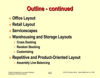 Outline - continued Office Layout Retail Layout Servicescapes Warehousing and Storage Layouts Cross Docking Random Stocking Customizing Repetitive and Product-Oriented Layout Assembly Line Balancing 
