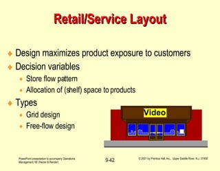 Retail/Service Layout Design maximizes product exposure to customers Decision variables Store flow pattern Allocation of (shelf) space to products  Types Grid design Free-flow design Video 