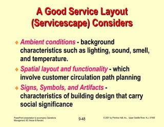 A Good Service Layout (Servicescape) Considers Ambient conditions  - background characteristics such as lighting, sound, smell, and temperature. Spatial layout and functionality  - which involve customer circulation path planning Signs, Symbols, and Artifacts  - characteristics of building design that carry social significance 