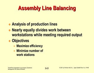 Assembly Line Balancing Analysis of production lines Nearly equally divides work between workstations while meeting required output Objectives Maximize efficiency Minimize number of  work stations 
