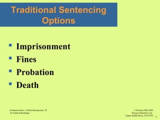 © Prentice Hall 2008
Pearson Education, Inc
Upper Saddle River, NJ 07458
Criminal Justice: A Brief Introduction, 7E
by Frank Schmalleger
3
 Imprisonment
 Fines
 Probation
 Death
Traditional Sentencing
Options
 