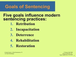 © Prentice Hall 2008
Pearson Education, Inc
Upper Saddle River, NJ 07458
Criminal Justice: A Brief Introduction, 7E
by Frank Schmalleger
5
1. Retribution
2. Incapacitation
3. Deterrence
4. Rehabilitation
5. Restoration
Goals of Sentencing
Five goals influence modern
sentencing practices:
 