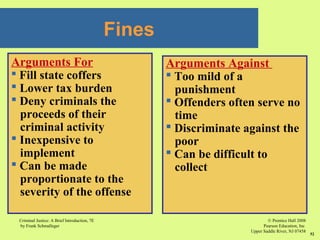 © Prentice Hall 2008
Pearson Education, Inc
Upper Saddle River, NJ 07458
Criminal Justice: A Brief Introduction, 7E
by Frank Schmalleger
52
Fines
Arguments For
 Fill state coffers
 Lower tax burden
 Deny criminals the
proceeds of their
criminal activity
 Inexpensive to
implement
 Can be made
proportionate to the
severity of the offense
Arguments Against
 Too mild of a
punishment
 Offenders often serve no
time
 Discriminate against the
poor
 Can be difficult to
collect
 