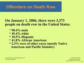 © Prentice Hall 2008
Pearson Education, Inc
Upper Saddle River, NJ 07458
Criminal Justice: A Brief Introduction, 7E
by Frank Schmalleger
58
Offenders on Death Row
On January 1, 2006, there were 3,373
people on death row in the United States.
 98.4% male
 45.4% white
 10.5% Hispanic
 41.8% African American
 2.3% were of other races (mostly Native
American and Pacific Islander)
 