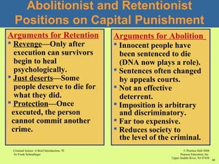 © Prentice Hall 2008
Pearson Education, Inc
Upper Saddle River, NJ 07458
Criminal Justice: A Brief Introduction, 7E
by Frank Schmalleger
62
Abolitionist and Retentionist
Positions on Capital Punishment
Arguments for Retention
 Revenge—Only after
execution can survivors
begin to heal
psychologically.
 Just deserts—Some
people deserve to die for
what they did.
 Protection—Once
executed, the person
cannot commit another
crime.
Arguments for Abolition
 Innocent people have
been sentenced to die
(DNA now plays a role).
 Sentences often changed
by appeals courts.
 Not an effective
deterrent.
 Imposition is arbitrary
and discriminatory.
 Far too expensive.
 Reduces society to
the level of the criminal.
 