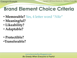 www.kerwinchu.blogspot.com
Be Greedy When Everyone Is Fearful
Copyright © 2009 Pearson Education, Inc. Publishing as Prentice Hall
Concept 4 Example
Brand Element Choice Criteria
• Memorable? Yes, 4 letter word “Nike”
• Meaningful?
• Likeability?
• Adaptable?
• Protectible?
•Transferable?
 